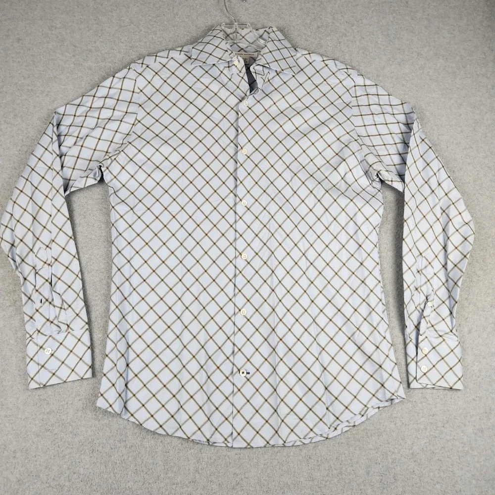 Banana Republic Dress Shirt Mens M 15-15.5 Blue Brown Diagonal Plaid Button Up